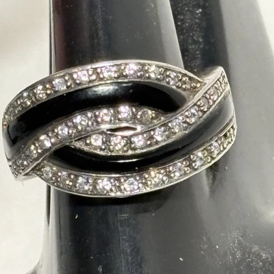 Anillo de cristal esmaltado negro para hombre enchapado en plata F 925 S ondulado talla 9 Foto 1 de 4