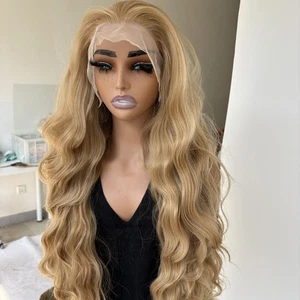 Frontal Lace Perücken hitzebeständiges Kunsthaar lang wellig blond weich - Bild 1 von 10