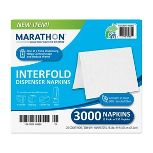 Marathon Interfold 1-Ply Napkins, White, 3000 Per Case (250 napkins/pk., 12 pk.) - Picture 1 of 6