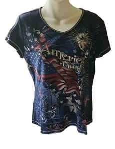 B.L.E.U. Womens USA Theme Blue Short Sleeve Shirt   L Chest 18 Length 24 - Picture 1 of 8