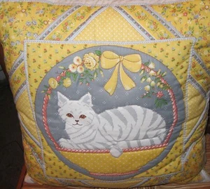 Cozy  Cat  Kitten Yellow Blue  Square Euro Pillow 16 x 16  Handmade  - Picture 1 of 1