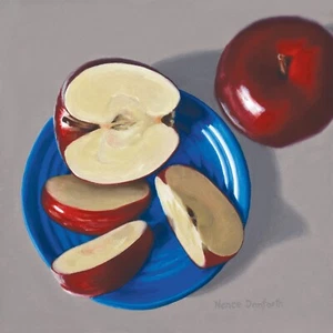 DANFORTH Apple su piastra blu, 8x8 natura morta realistica dipinto ad olio originale - Foto 1 di 3