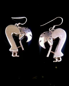Navajo Kokopelli Sterling Silver Dangle Drop Earrings Signed by Alvin Vandever - Picture 1 of 9