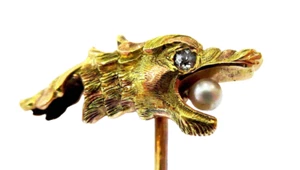 DRAGON 14K Yellow & Rose Gold Stickpin DIAMOND And PEARL ANTIQUE - Picture 1 of 9