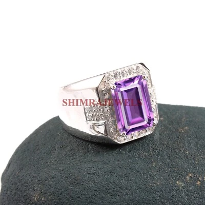 Natural Amethyst Gemstone with 18K White Gold Plated Silver Men's Ring #136 - Image 1 of 4