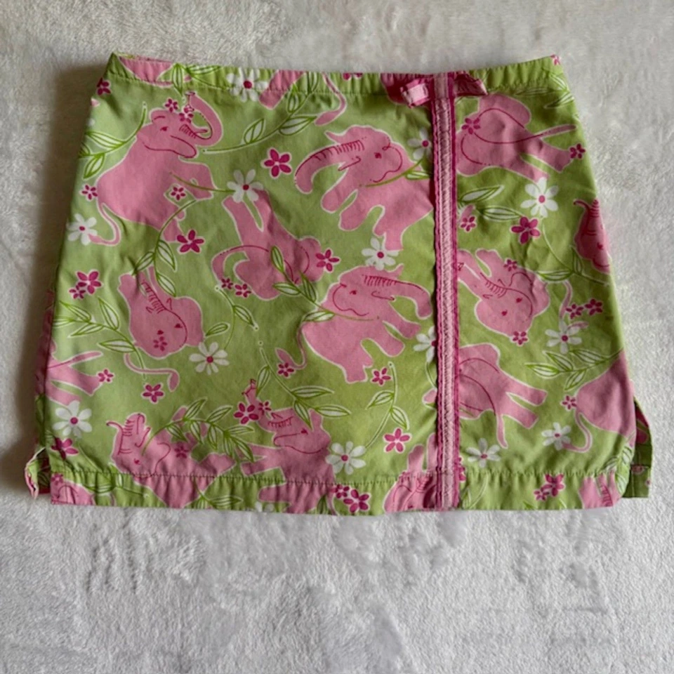 LILLY PULITZER ELEPHANTS Pink/Green Girls Skort SZ 7 Flowers Bow Animal READ - Image 1 of 4
