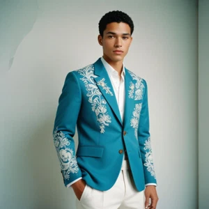 Herren Designer Stickerei 2 Teiler Anzug Slim Fit Baby Blau Weiß Ausgefallene Nähte - Bild 1 von 6