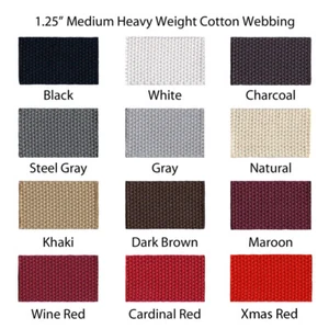 1 Yard 1.25" Medium Heavy Weight Cotton Webbing - 44 Colors to Choose - Picture 1 of 48