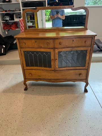 ANTIQUE WOODEN DRESSER W/ MIRROR,THREE PULL OUT DRAWERS,TWO GLASS CABINET DOORS Cover