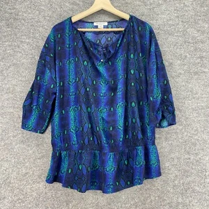 Liz Claiborne Blouse Women PXL Petite Blue Animal Print V-Neck 3/4 Sleeve Casual - Picture 1 of 7