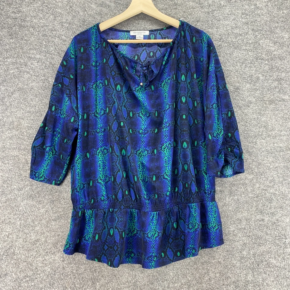 Blusa Liz Claiborne Mujer PXL Pequeña Azul Estampado Animal Cuello en V Manga 3/4 Informal Foto 1 de 4