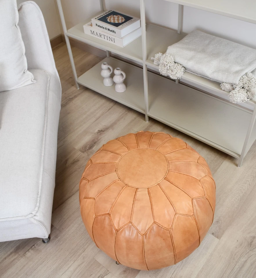 Scandinavian Leather Pouffe XL Brown- Delivered Stuffed, Ottoman, Footstool - Image 1 of 4