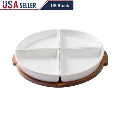 5PC Lazy Susan Serving Tray Set Wooden Acacia W/ 4 Bowls Snacks Parties New - Image 1 of 4
