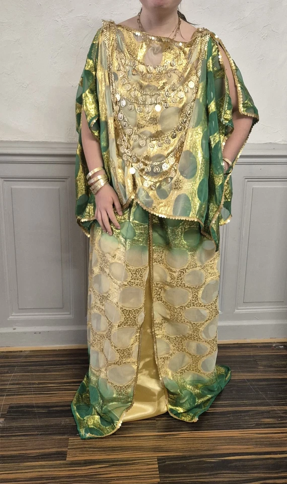 Tenue traditionnelle chaoui algérienne melhfa berbère verte et or galons sequins - Photo 1/4