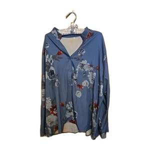 Women's Blouse 3X Floral Print V-Neck Pullover Pocket Roll Tab Long Sleeve - Picture 1 of 7