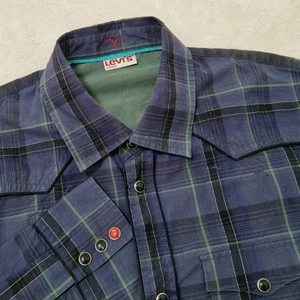 Levis Shirt Mens M/L Blue Plaid Pearl Snap Western Cowboy Embroidered Horns - Picture 1 of 10