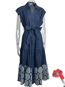 Solitaire Maxikleid groß blau Denim weiß Ösenbesatz Gürtel feminin - Bild 1 von 14