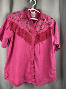 Short Circuit Women's Sz L Pink With Fringe & Embroidered Designs Button Up Top - Picture 1 of 11