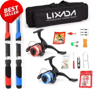 Telescopic Fishing Rod Reel Combo Kit 2 Rods 2 Reels Lures Hooks Bag - Picture 1 of 12