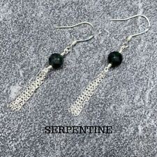 Serpentine Earrings - Green - 925 Sterling Silver - Wire Wrapped - Gems E357