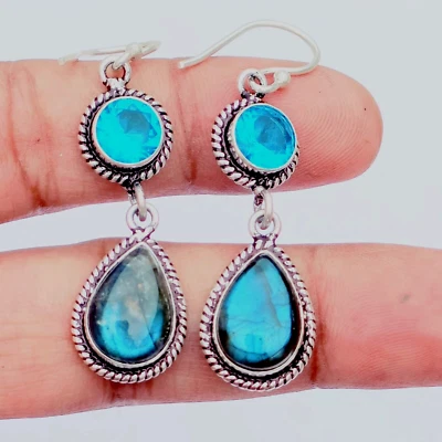 Fire Blue Labradorite Gemstone Drop Erring's925Sterling Silver Handmade Erring's - Image 1 of 4