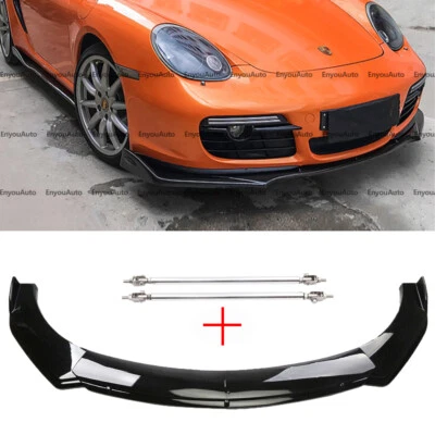 For Porsche Panamera Front Bumper Lip Spoiler + Strut Rods Glossy Black - Imagem 1 de 4