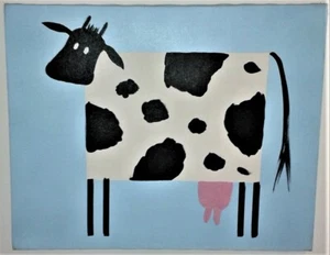 Children's Nursery Oil on Canvas Painting in Primitive Art Style of a Cow - Picture 1 of 3