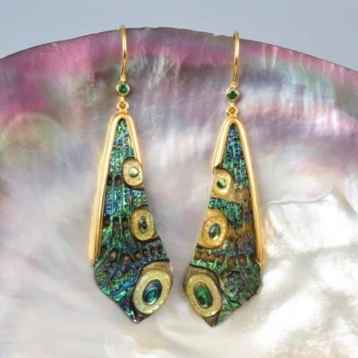 Pendientes Ala Libélula Abulón Talla Oro Vermeil Esterlina y Esmeralda 5,35 g Foto 1 de 4