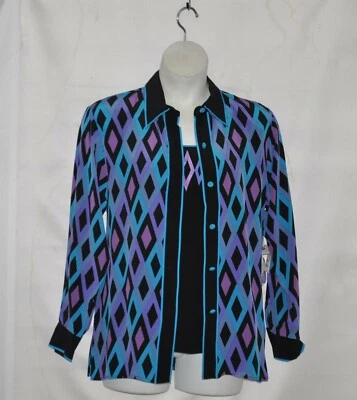 Conjunto de camisa grande y camiseta sin mangas Bob Mackie con estampado de diamantes de seda talla S azul múltiple Foto 1 de 4