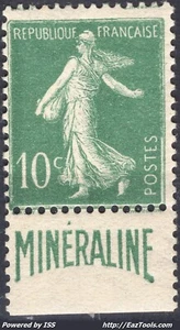 FRANCE SEMEUSE 10c VERT BANDELETTE PUB MINERALINE N° 188A NEUF * AVEC CHARNIERE - Picture 1 of 2