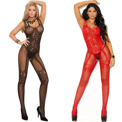 Bodystocking de encaje floral de red con tiras sin entrepierna lencería de peluche sintético 1689 Foto 1 de 4