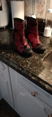 Joan Boyce Boots W/Red Accents, red black animal print NWOB 6.5 - Image 1 of 4