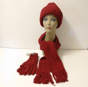 Isotoner 3 Piece Knit Scarf (60”x8”), Hat, Gloves Set Maroon Acrylic NWT 1999 - Picture 1 of 5