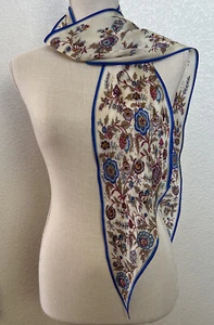 Oscar De La Renta 100% Silk Scarf Burgundy Blue Floral Blue Trim Japan 7" x 68" - Picture 1 of 6