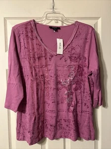 NWT Style & Co Purple Rose Graphic 3/4 Sleeve Shirt 2X - Picture 1 of 6
