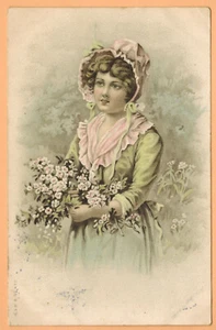 1907 - Postkarte - Junges Mädchen mit Hut - Feld, Blumenstrauß - Ref. A.99 - Bild 1 von 2