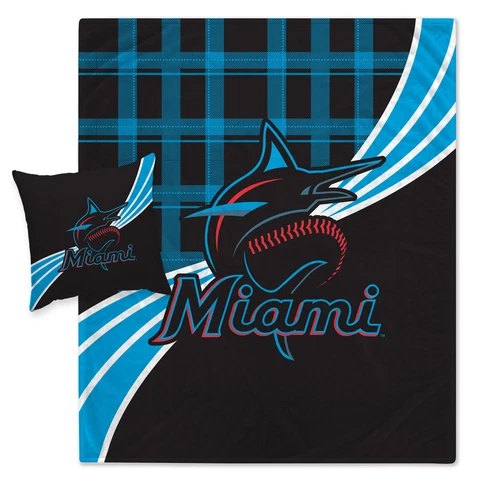 Miami Marlins Plaid Wave Lightweight Blanket & Pillow Combo Set Cover