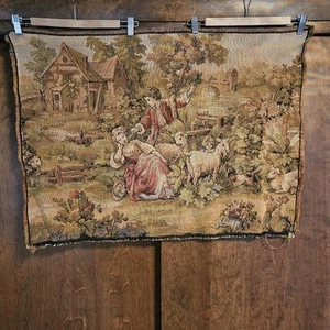 Antik Vintage Wandteppich Kunst Wandbehang Paneel ungerahmt französische Landschaftsszene - Bild 1 von 12