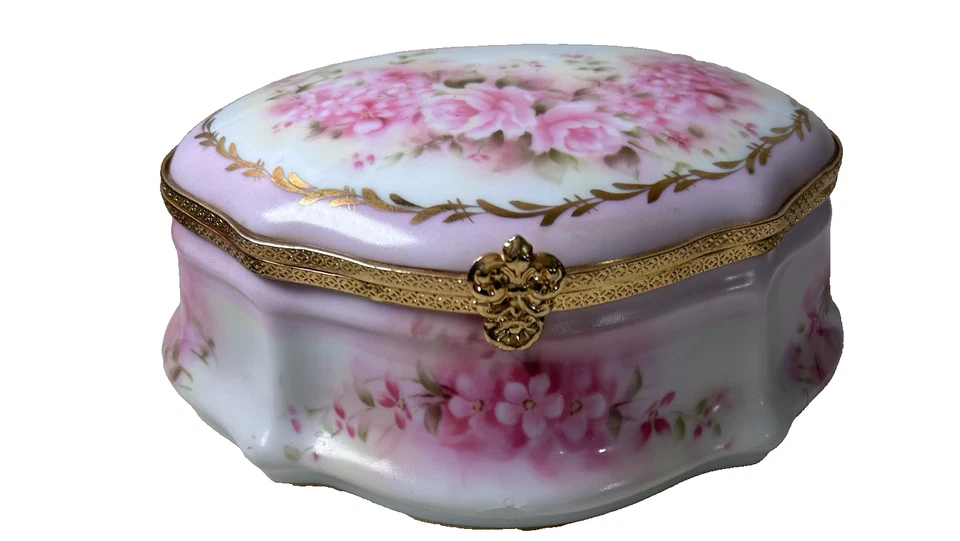 Antique Hand Painted France LIMOGES Pink Floral Porcelain Large Jewelry Box - Image 1 of 4