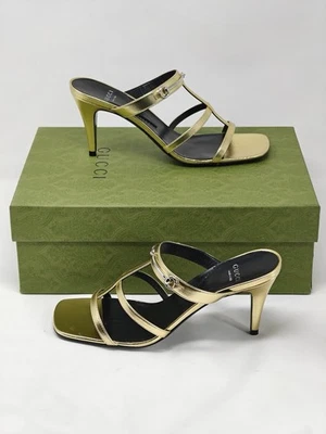 Salto Gucci Horsebit dourado com tiras UE 38 Reino Unido 5 EUA 8 15702E - Imagem 1 de 4