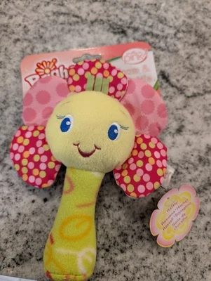 BRIGHT STARTS Pink Flower 8" Stuffed Baby Rattle Crinkle Satin Petals Soft PLUSH - Image 1 of 2