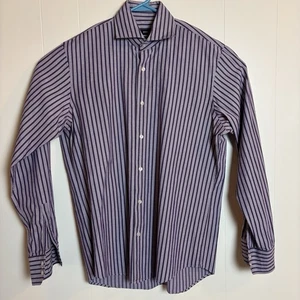 Hugo Boss Shirt Mens 15.5 34 35 Purple Stripe Regular Fit Stretch Long Sleeve - Picture 1 of 11