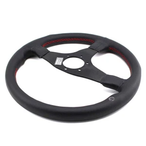 With Horn Button 14”Black Leather Sport Steering Wheel Aluminum Spokes - Picture 1 of 6