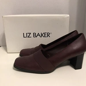 Liz Baker Burgundy Leather Slip On Casual Pumps Women’s US Size 8 Chunky Heel - Picture 1 of 8