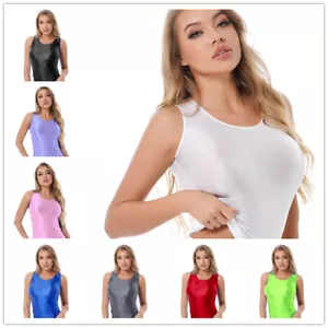 Women's Glossy Tank Tops Summer Sleeveless Basic Cami Vest Slim Fitness Blouses - Picture 1 of 100