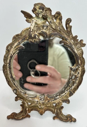 Antique 6"H  Cast Iron Mirror w/ Swing Arm Stand & Cherub On Top FREE STAND READ Cover