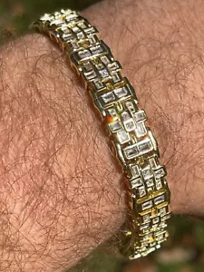 Mens Bracelet 14k Gold Plated 925 Sterling Silver Iced Baguette CZ Hip Hop - Picture 1 of 12