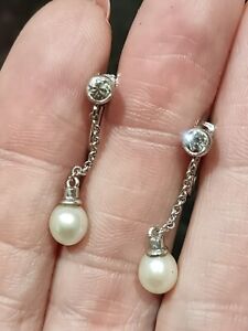 Platinum 0.40cts Diamond And Pearl Screw On Earrings Wedding Vintage Antique