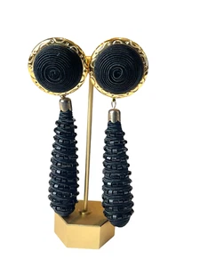 Vtg 80s Black Beaded Dangle Clip On Earrings Statement Fashion Costume Jewelry - Picture 1 of 5
