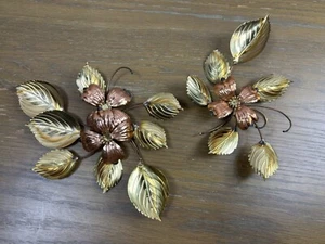 Vintage MCM Floral Brass Copper Wall Decor Metal Dogwood Flowers Leaves 2 Pieces - Picture 1 of 12